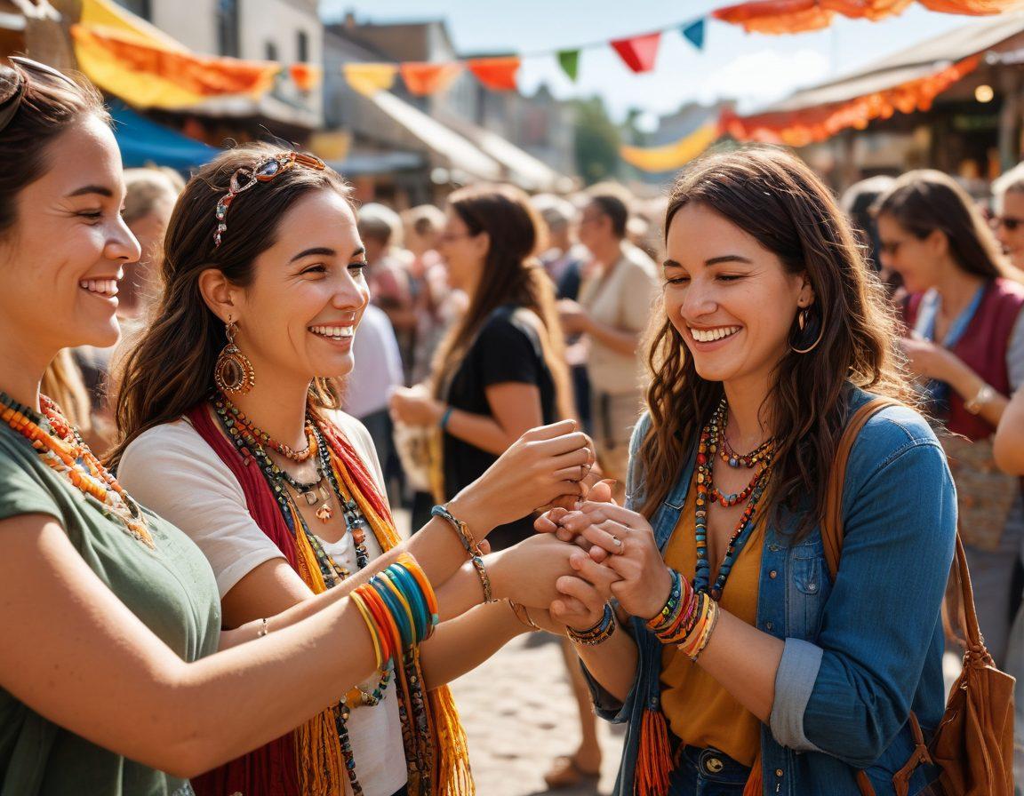 A vibrant marketplace filled with diverse people wearing unique, handcrafted adornments that symbolize compassion, such as brightly colored bracelets and necklaces. In the background, banners showcasing messages of kindness and support wave gently, while a sunlit environment enhances the sense of community and positivity. The scene should inspire feelings of unity and encouragement, with smiles and connections between individuals. super-realistic. vibrant colors. 3D.
