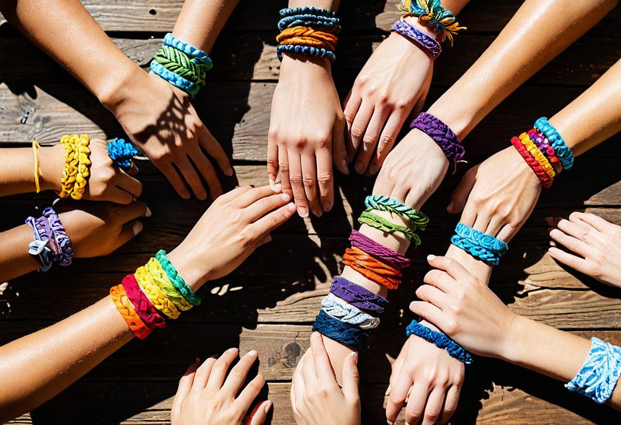 A close-up of colorful wristbands in various textures and designs, creatively arranged on a rustic wooden table. In the background, blurred images of diverse people wearing the wristbands while engaging in community service and charity events, showcasing the blend of style and purpose. Sunlight filtering through leaves adds warmth to the scene, symbolizing hope and connection. The overall mood should evoke a sense of empowerment and community spirit. super-realistic. vibrant colors. natural lighting.