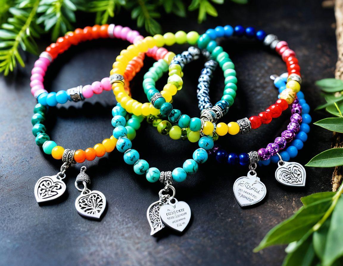 A collection of beautifully designed customized wristbands showcasing vibrant colors and intricate patterns, symbolizing love and compassion. Each wristband features unique charms that represent philanthropy and kindness, surrounded by a soft, glowing light. The background should be a serene outdoor setting, with gentle greenery to evoke a sense of warmth and generosity. Artistic flair with a hint of elegance. vibrant colors. soft focus.